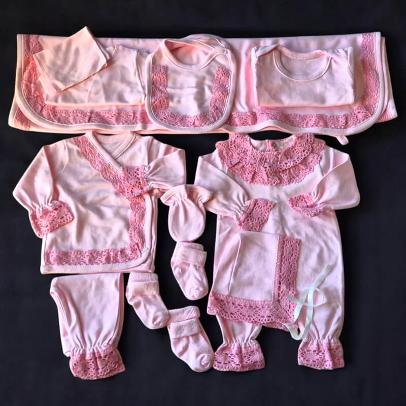 Pamuk Dantelli 10 Parça Bebek Hastane Çıkış Seti Pembe