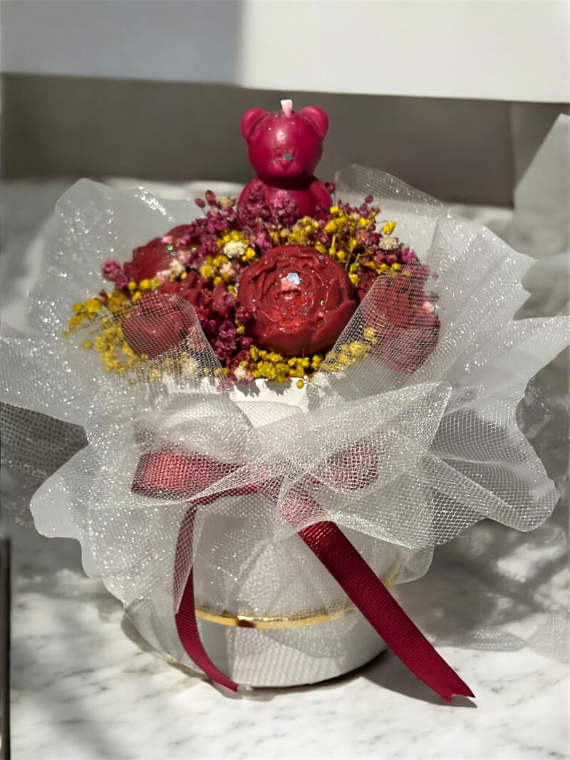 Ayıcıklı Gül Mum Buketi - Küçük Boy