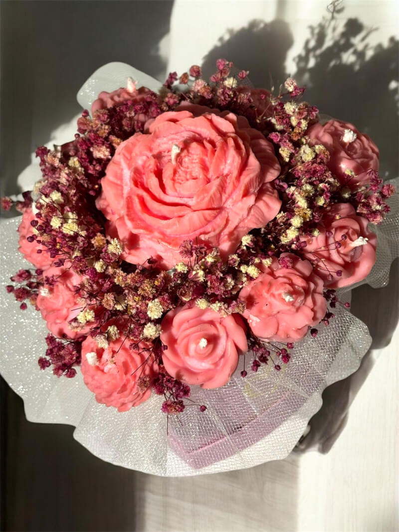 Kalp Kutulu Pembe Mum Buket - Orta Boy