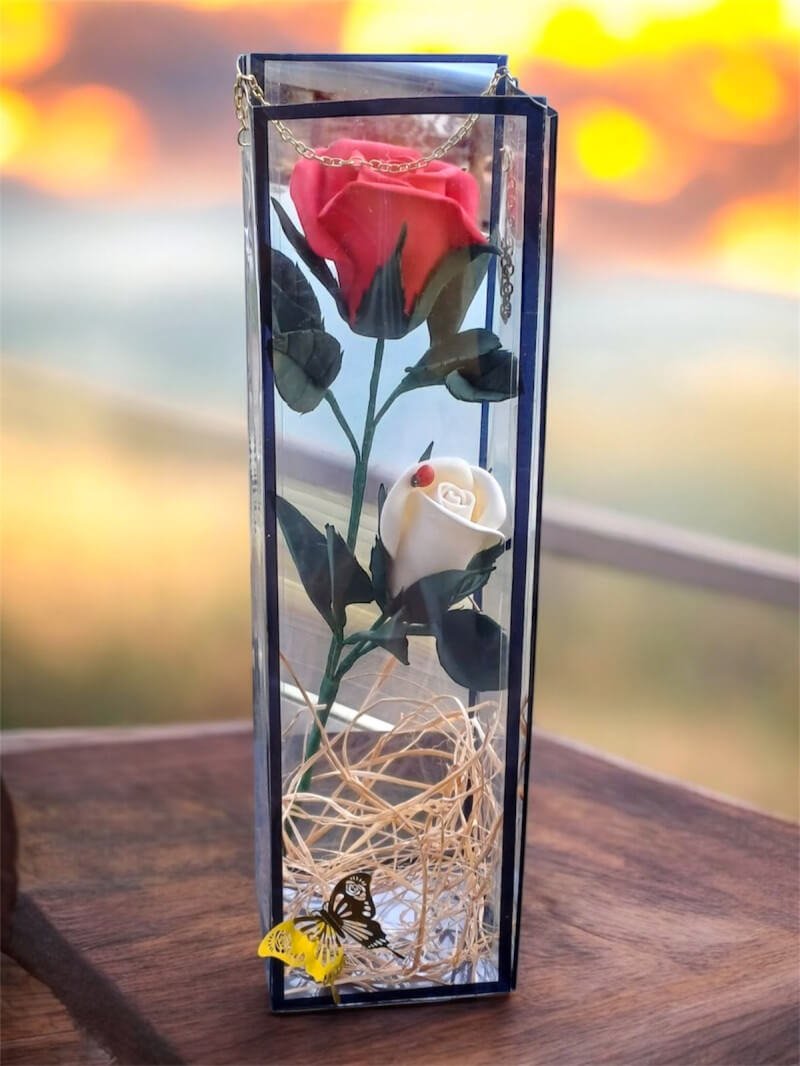 Zincir Kutulu Eva Kırmızı Beyaz Gül