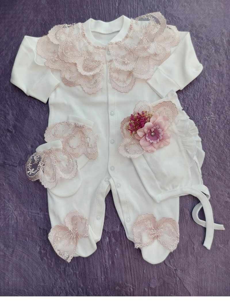 Bonet Şapkalı Pudra Güpürlü Kız Bebek Tulum Seti,mevlüt Takımı