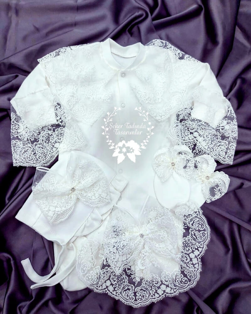 Bonet Şapkalı Fransız Güpürlü Kız Bebek Tulum Seti