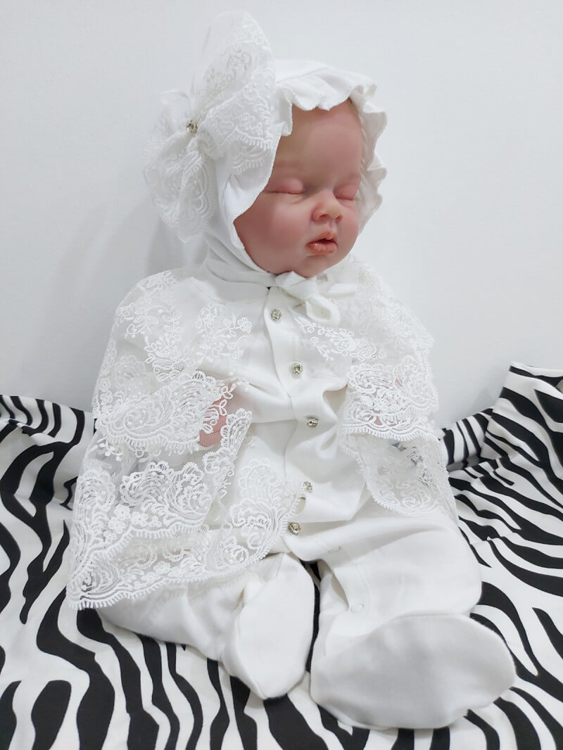 Bonet Şapkalı Fransız Güpürlü Kız Bebek Tulum Seti