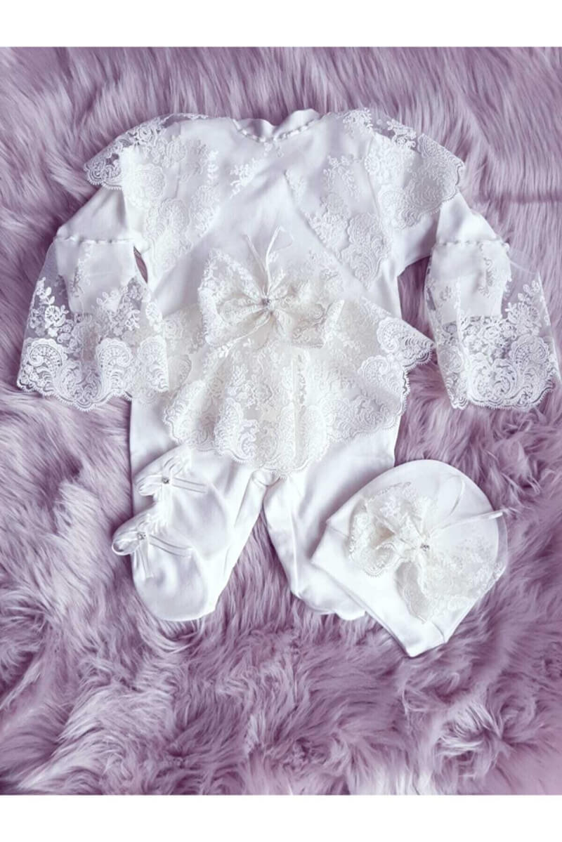 Kız Bebek Ekru Fransız Güpür Detaylı Tulum Seti