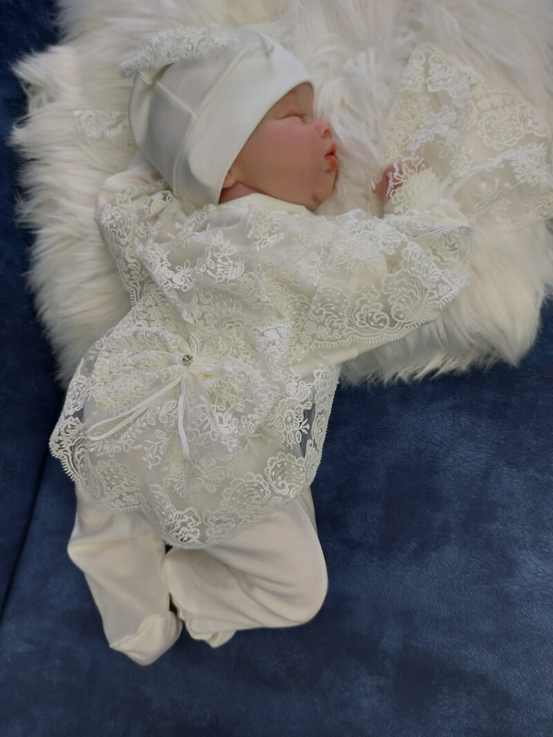 Kız Bebek Ekru Fransız Güpür Detaylı Tulum Seti