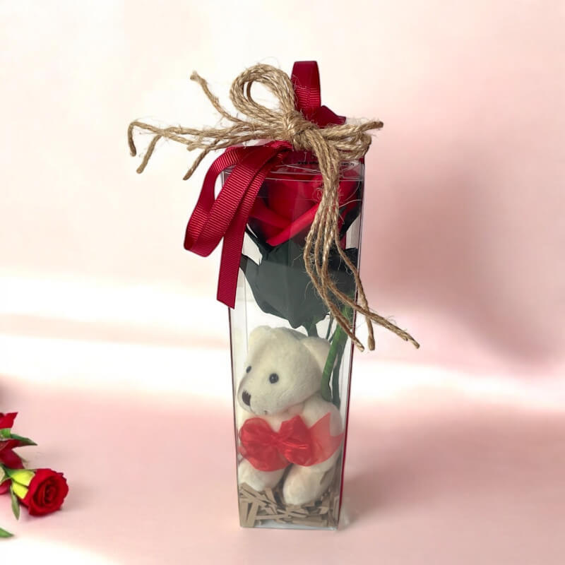 Kutulu Ayıcıklı Gül ve Mum Buket Set