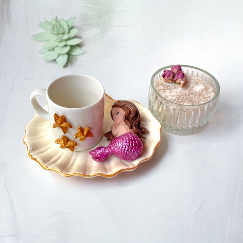 Deniz Kızı Yıldızlı Fincan ve Çiçek Mum Set
