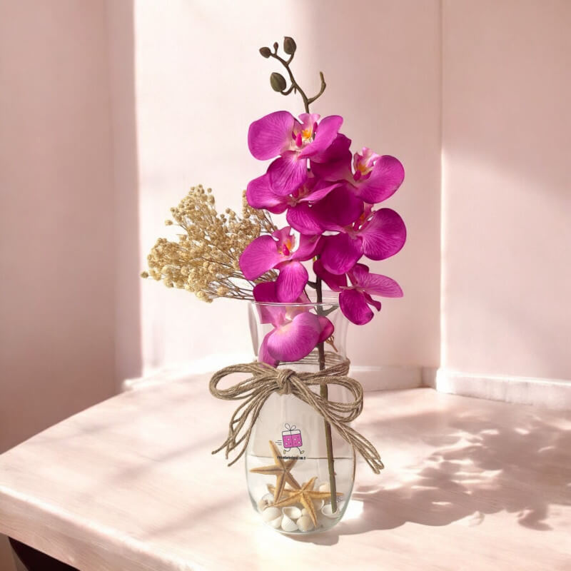 Cam Vazoda Tek Dal Yapay Fuşya Orkide