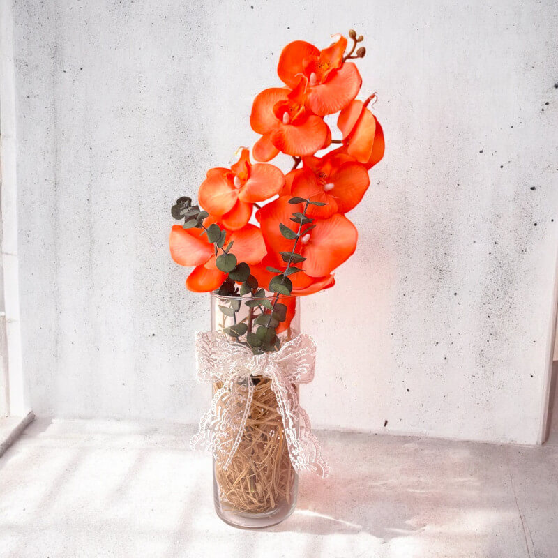 Cam Vazoda Turuncu Tek Dal Yapay Orkide