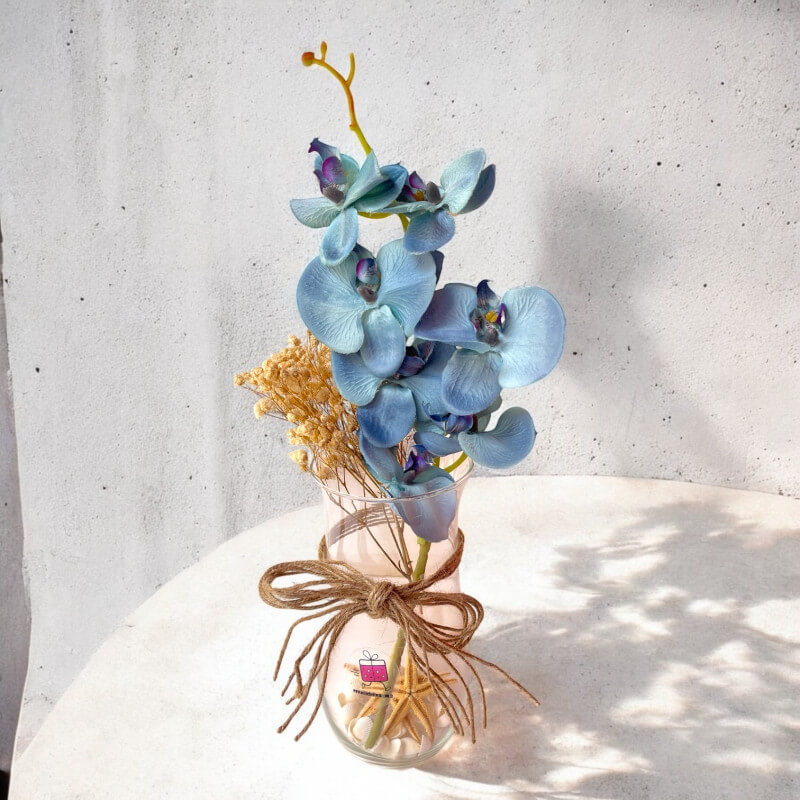 Cam Vazoda Turkuaz Tek Dal Yapay Orkide