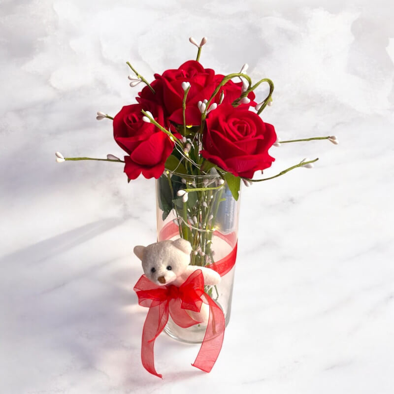 Cam Vazoda Ledli Ayıcıklı 5 Solmayan Gül