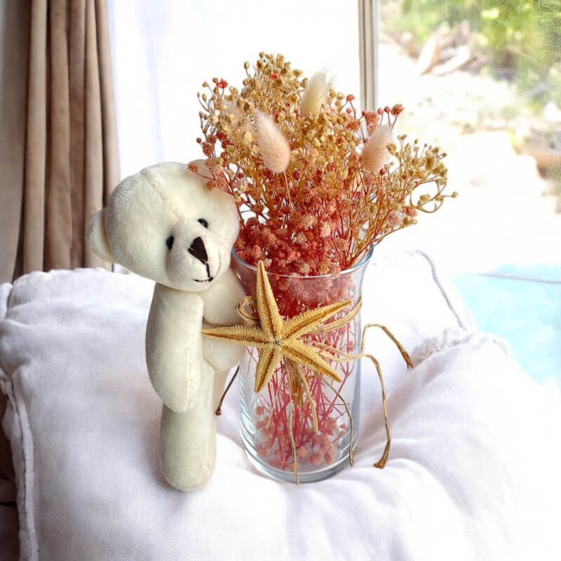 Cam Vazo Ayıcıklı Yıldızlı Kuru Çiçek Aranjman