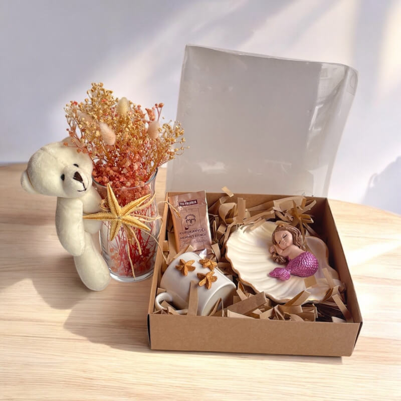 Cam Vazo Ayıcıklı Yıldızlı Kuru Çiçek Aranjman