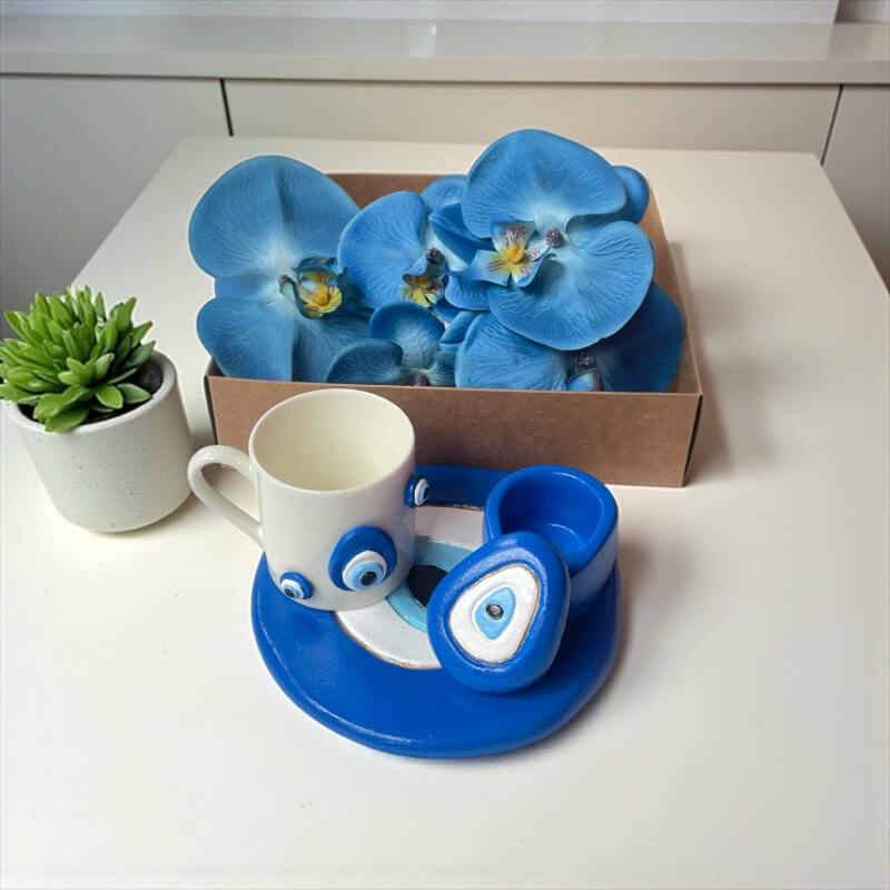 Nazar Boncuğu 3'lü Fincan Set ve Orkide