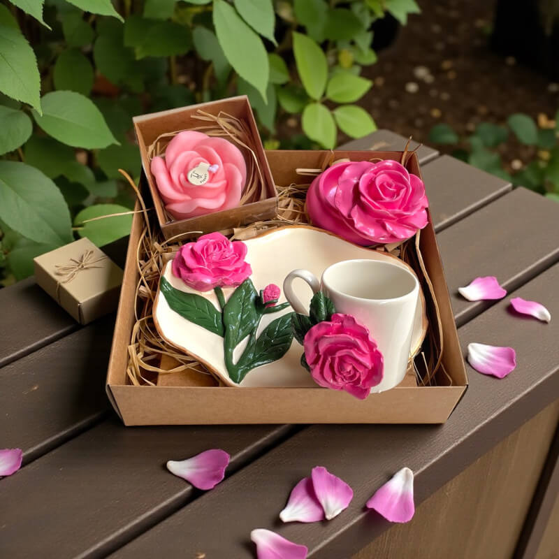 Gül Tasarım Fincan Lokumluk Mum Set