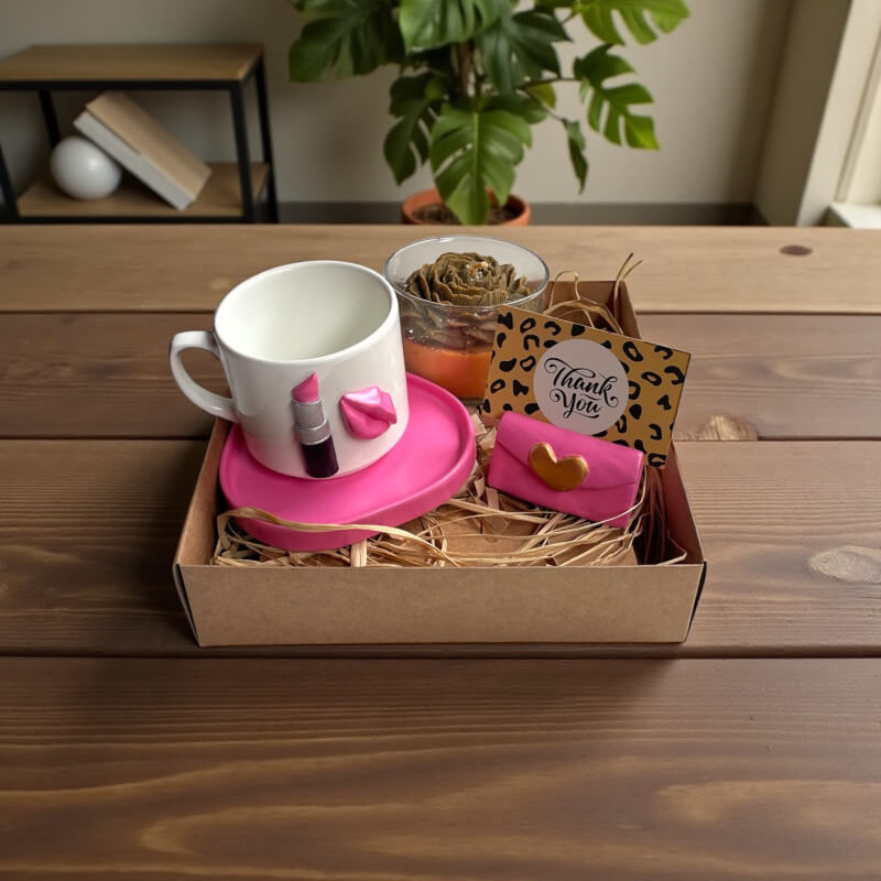 Pembe Rujlu Büyük Boy Kahve Fincan Mum Notluk Set