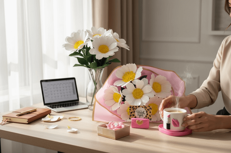 Papatya Eva Buket ve Fincan Mum Notluk Set