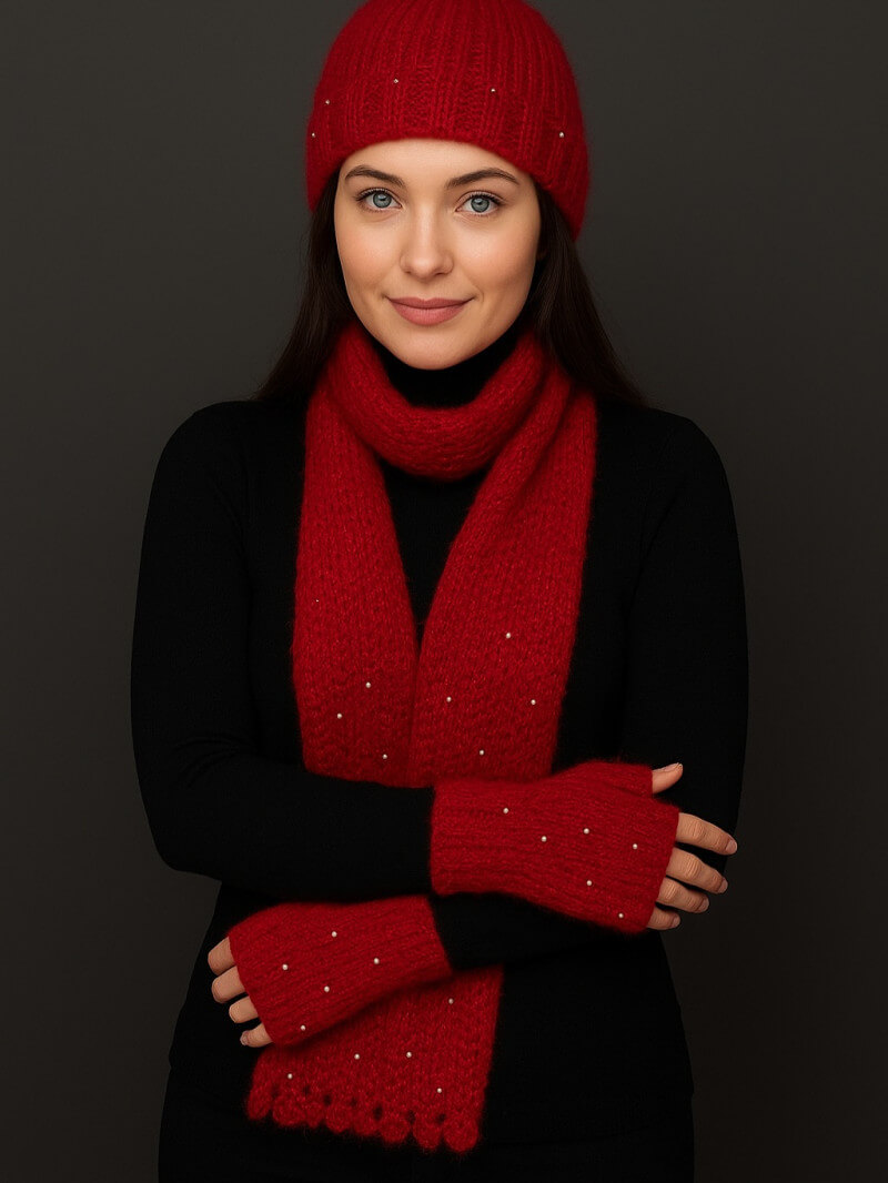 İncili Kırmızı Atkı Bere Şapka Set